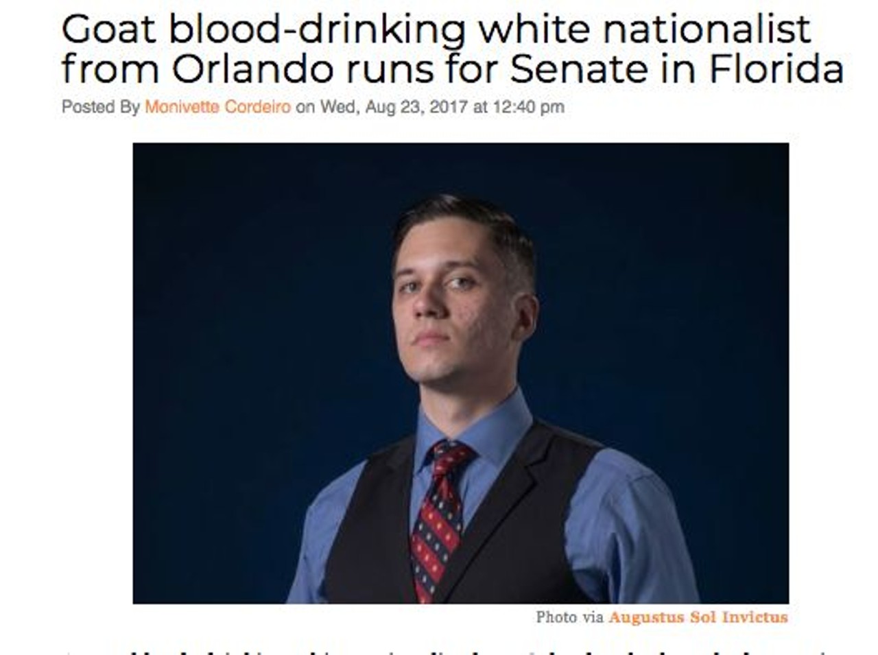 A goat blood&#150;drinking white nationalist from Orlando who launched a previous failed bid as a Libertarian says he's running again for U.S. Senate, but this time as a Republican.  Read more