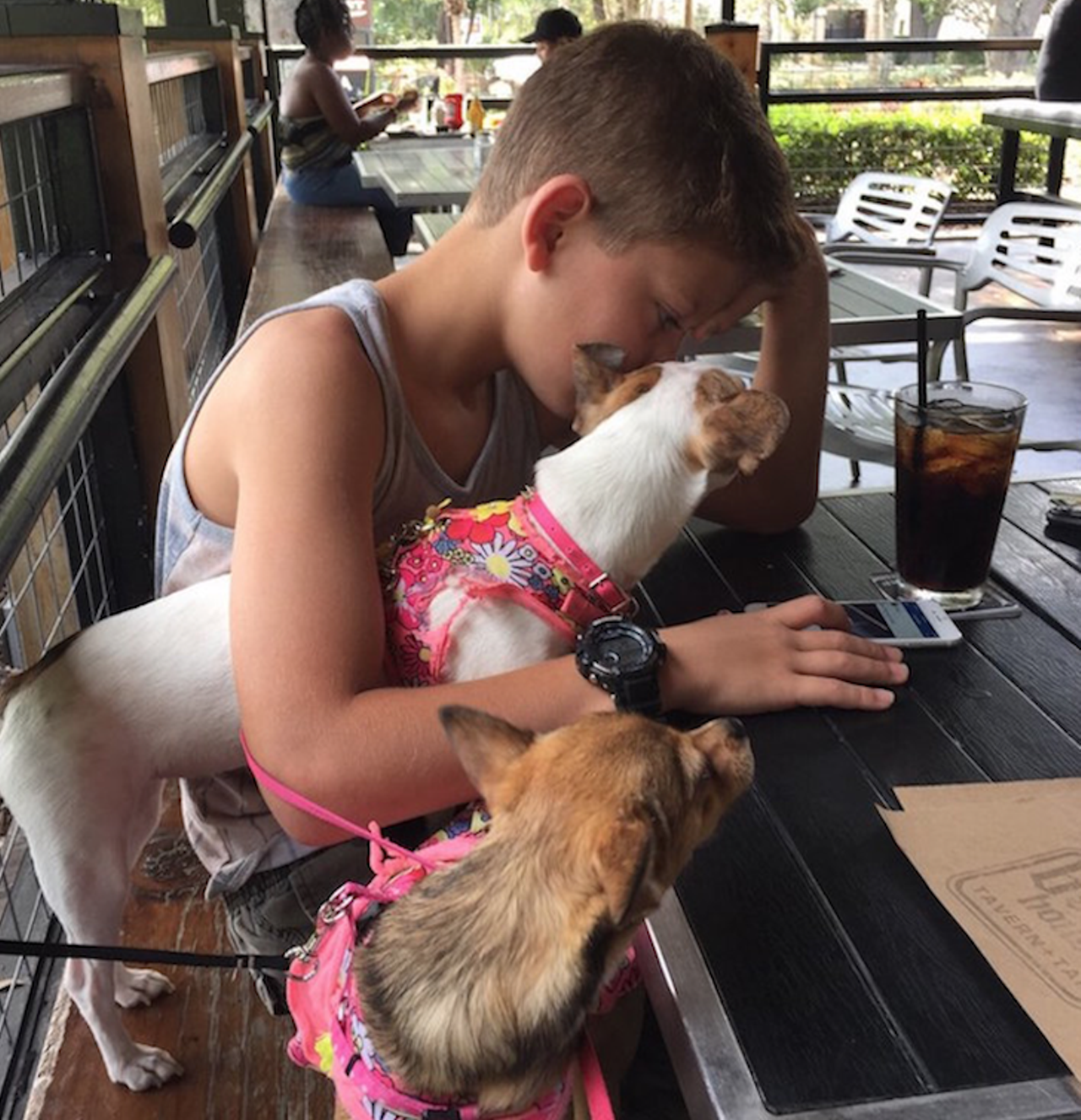 Brick House Tavern + Tap 
8440 International Drive,704-987-2022 
Let your four-legged friend join in on the fun at this local favorite, where you can please your taste buds with juicy burgers, $5 House Margaritas on Wednesdays and $5 Bloody Marys on Sundays. 
Photo via Mabel F./Yelp