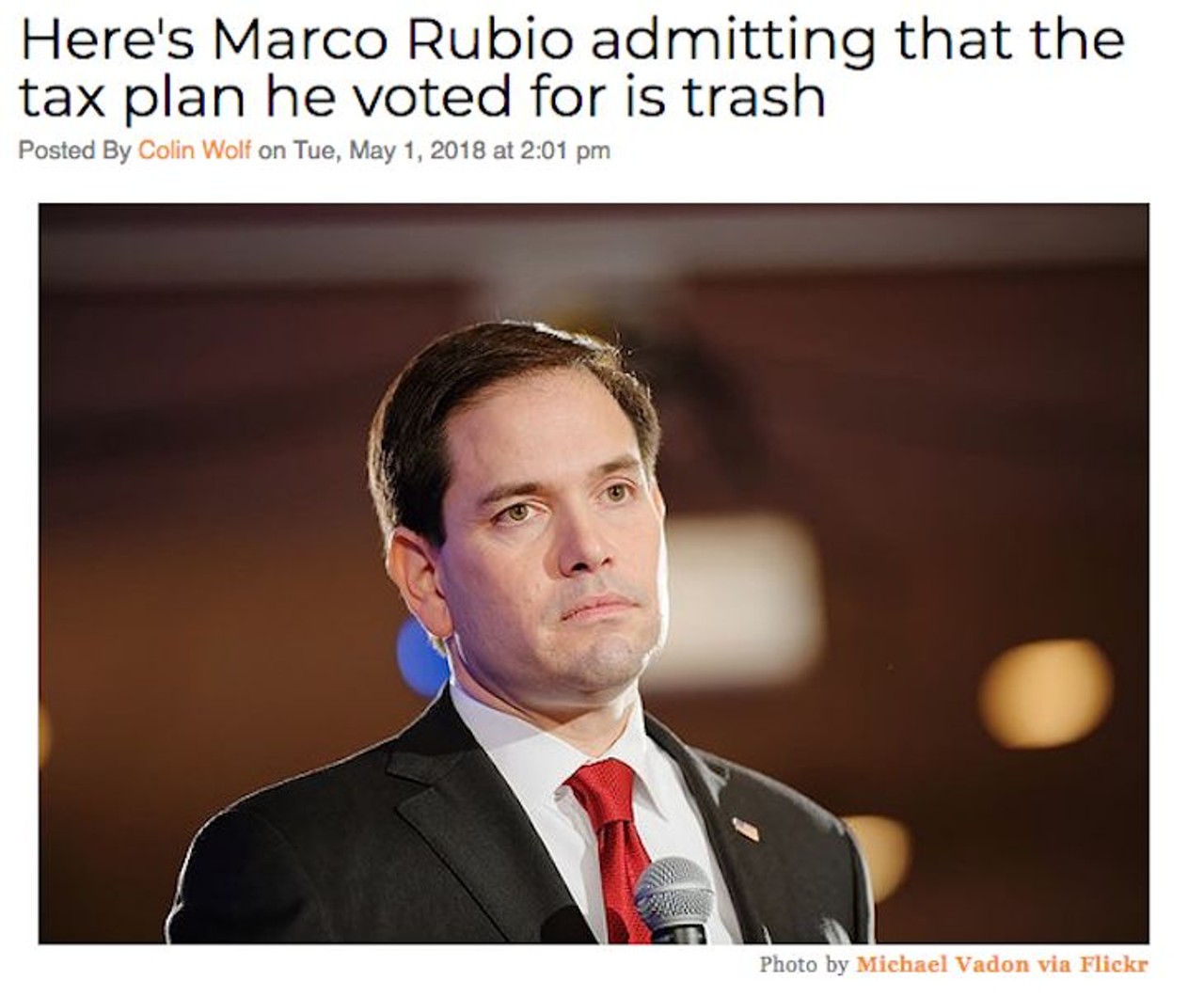 In an interview with The Economist, U.S. Sen. Marco Rubio said that &#147;there's no evidence whatsoever&#148; that the corporate tax cut he and fellow Republicans passed last year is benefiting workers. Cool. Read more here.