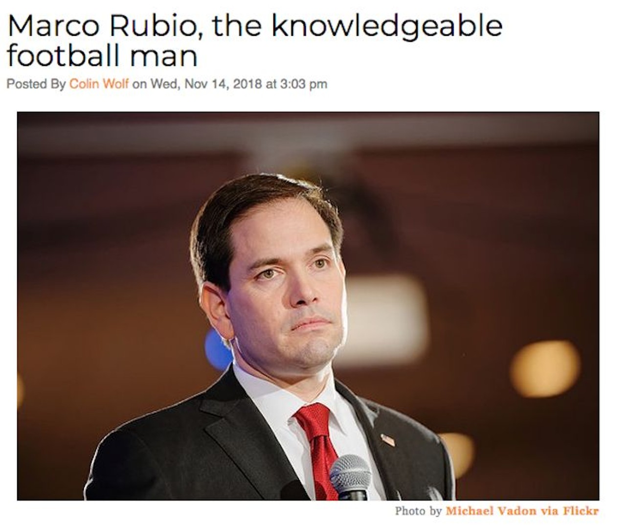 Florida Senator Marco Rubio, a guy who once casually beaned a kid in the face with a football, has recently been peddling a string of unfounded conspiracy theories regarding the recent Florida recounts. Now it seems these crackpot theories have now morphed into incredibly horrible football metaphors. Read more here.
