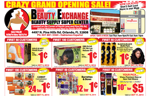 The Beauty Exchange circular, advertising the store's grand opening sale