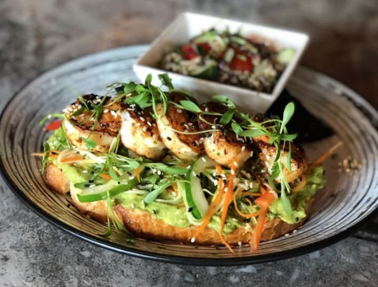 The Stubborn Mule
100 S. Eola Drive 
Shrimp and avocado toast is a lunchtime special at The Stubborn Mule. Grilled sourdough bread smothered with thick avocado is topped with pickled veggies, blackened shrimp and served with quinoa salad.
Photo via Facebook/The Stubborn Mule