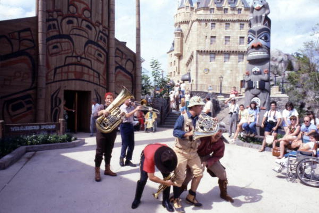 Musicians performing at the Canada Pavilion in EPCOT Center at the Walt Disney World Resort in Orlando, Florida, 1982