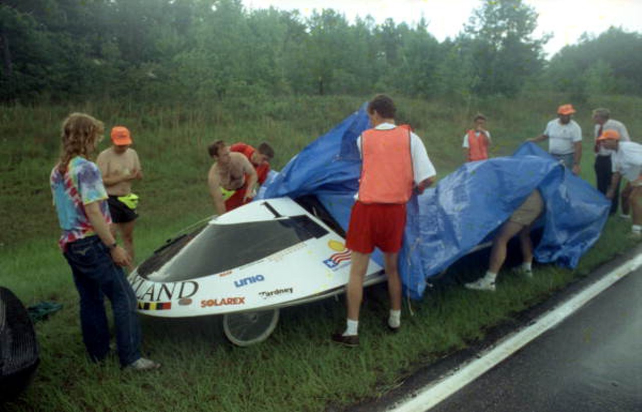 View showing entry in the GM Sunrayce USA 11-day solar car race which departed from Orlando, 1990