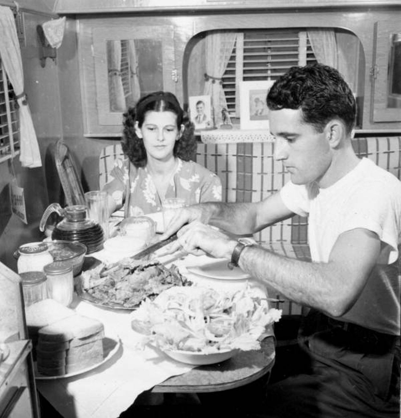 Having a meal in a trailer in Everglades National Park, 1946