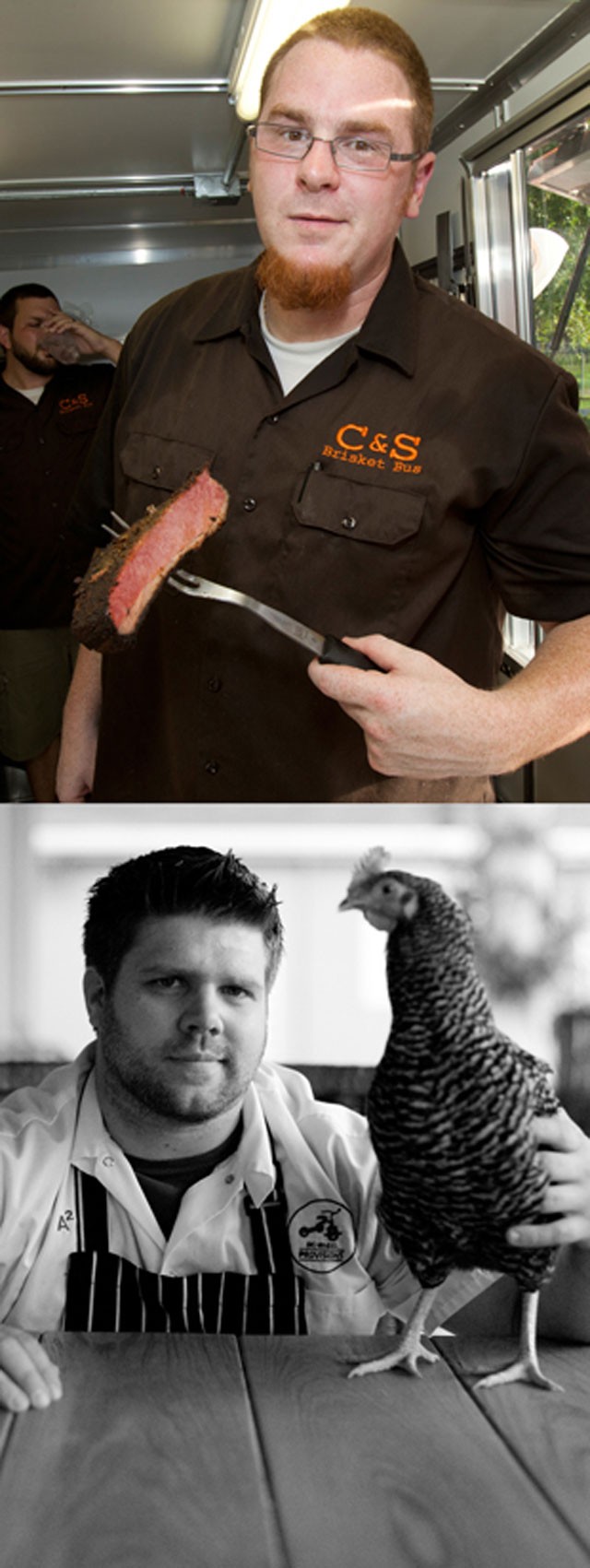 Top: Chef Chris Jaskulski of C&S Brisket Bus, bottom: Chef Tony Adams of Big Wheel