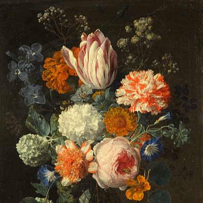 Nicolaes van Verendael, (Flemish, 1640-1691), Still Life of Tulips, Convolvulus, Rose and Other Flowers in a Glass Vase on a Ledge, ca. 17th Century, Oil on Canvas, 15.5 x 12.25 in., Long term loan from The Grasset-Linares Collection