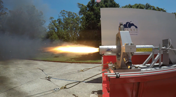 A hybrid rocket engine test-fires for 10 seconds using 3D-printed fuel on Monday, May 7 outside Rocket Crafters' manufacturing warehouse in Cocoa Beach, Florida. - Screengrab via Rocket Crafters