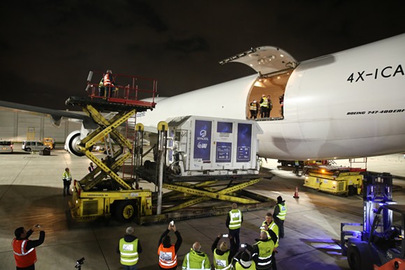 Locked in a custom shipping container, Beresheet is loaded onto a cargo plane at the Ben Gurion Airport in Israel for its flight to Orlando. - Photo courtesy of SpaceIL