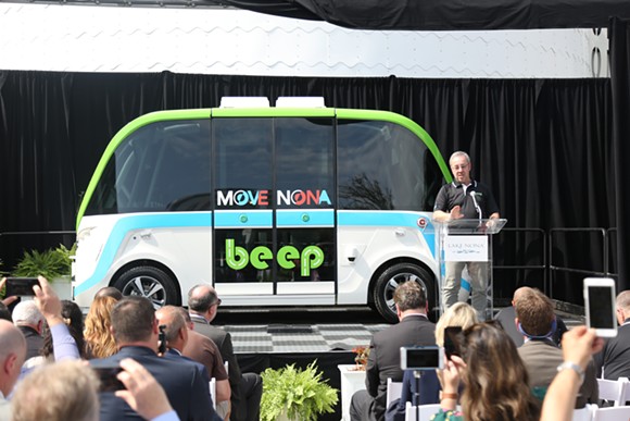 NAVYA CEO Jerome Rigaud unveils AUTONOM, the self-driving shuttle soon to be tailored for Lake Nona. - PHOTO BY JOEY ROULETTE