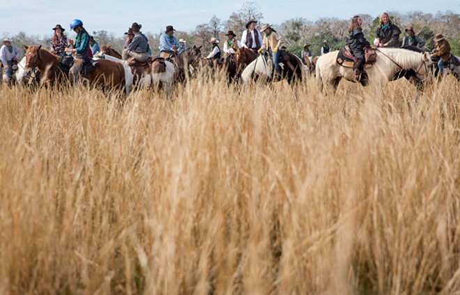 Riders rest their horses in the tall grasses at the end of the trail.