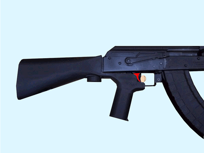 A bump stock permits the trigger (red) to be held down when the receiver moves forward, being reset each round by receiver recoil. This allows semi-automatic firearms to somewhat mimic fully automatic weapons. - Animation by Phoenix7777 via Wikimedia Creative Commons
