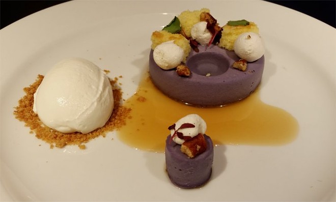 Deconstructed purple sweet potato pie, salted caramel, bourbon-soaked cake, marshmallow whipped cream