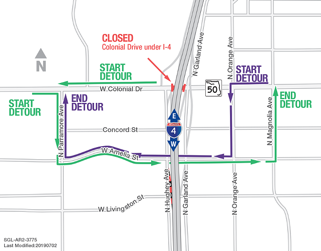 Detours planned for the closure of Colonial Drive under I-4 this weekend turn Downtown Orlando into a kind-of roundabout - Map via FDOT