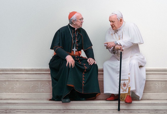 Jonathan Pryce and Anthony Hopkins in The Two Popes - Photo courtesy Netflix