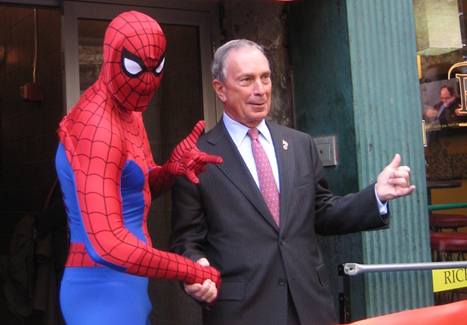 Spider-Man (left) appears with with New York City Mayor Mike Bloomberg (right) in 2010 - PHOTO VIA MIDTOWN COMICS/WIKIMEDIA COMMONS