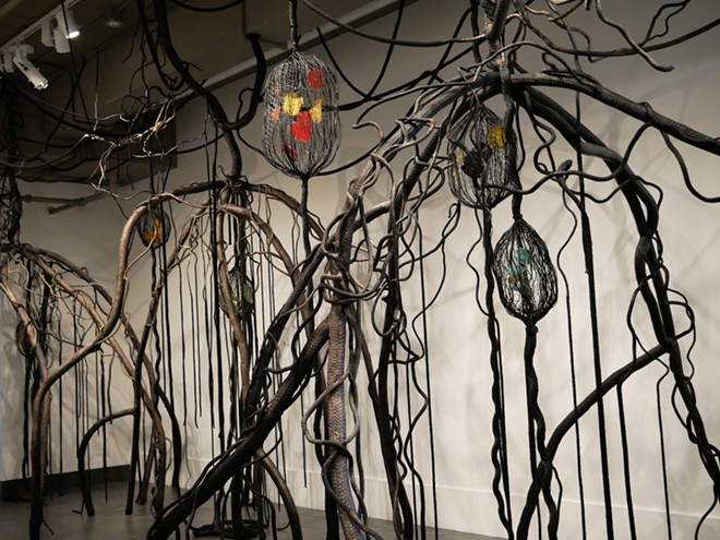 Installation view: ‘Mangroves – The Protectors’ by Mira Lehr. Dimensions variable. Rope, steel, wire, burned and dyed Japanese paper. - Image courtesy of the artist