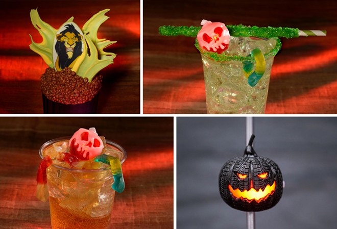 Scar Cupcake (Top left), Spooky Apple Punch Specialty Beverage (Top right), Rotten Apple Punch Specialty Beverage (Bottom left), Tire Pumpkin Novelty Straw (Bottom right) - Image via Disney