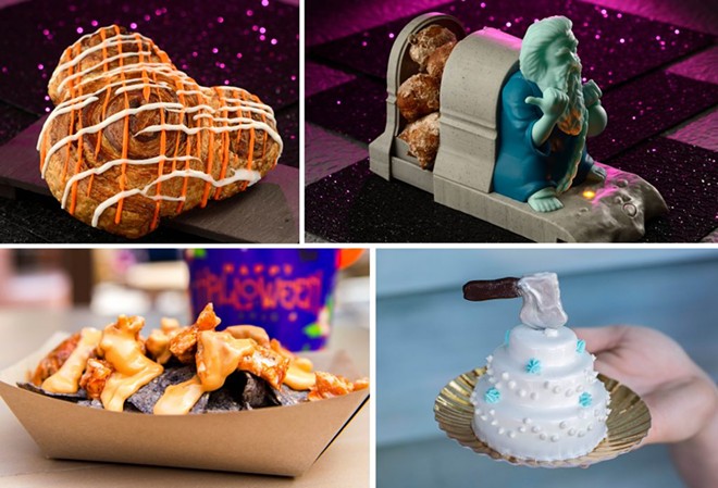 Mickey Cinnamon Roll (Top left), Cinnamon Donuts in a Hitchhiking Ghost food container (Top right), Hades Nachos (Bottom left), and Constance’s For Better or For Worse Wedding Cake (Bottom right) - Image via Disney