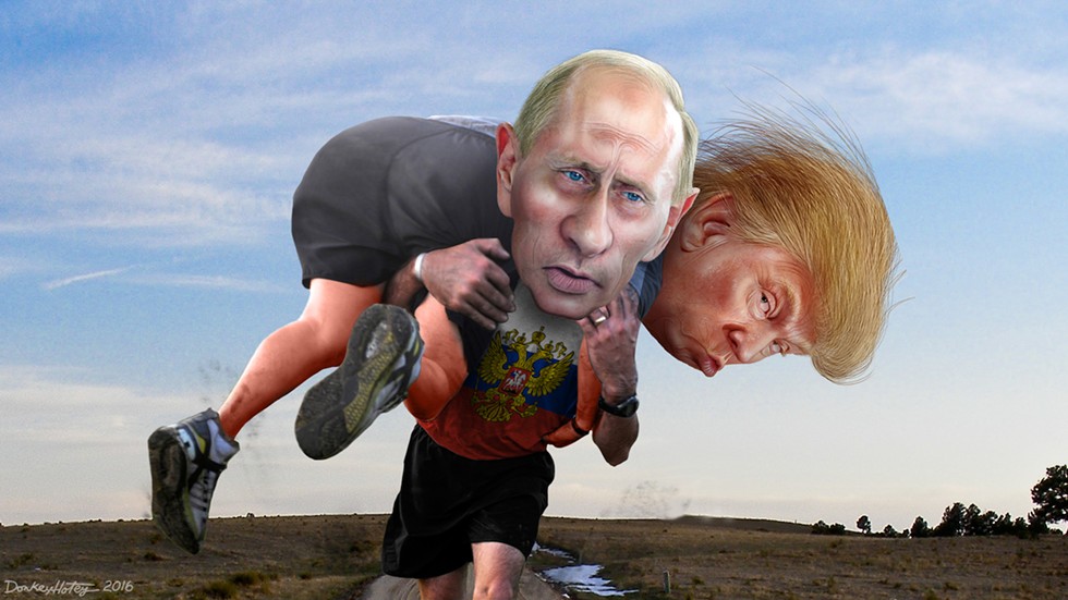 Vladimir Putin carrying his buddy Donald Trump - illustration by Donkey Hotey, under CC Creative Commons license