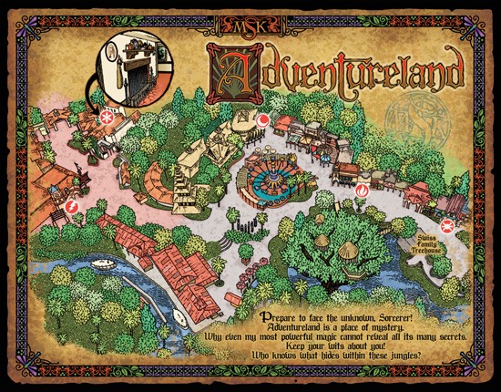 A map showing the four Sorcerers of the Magic Kingdom portals found within Adventureland - Image via Disney