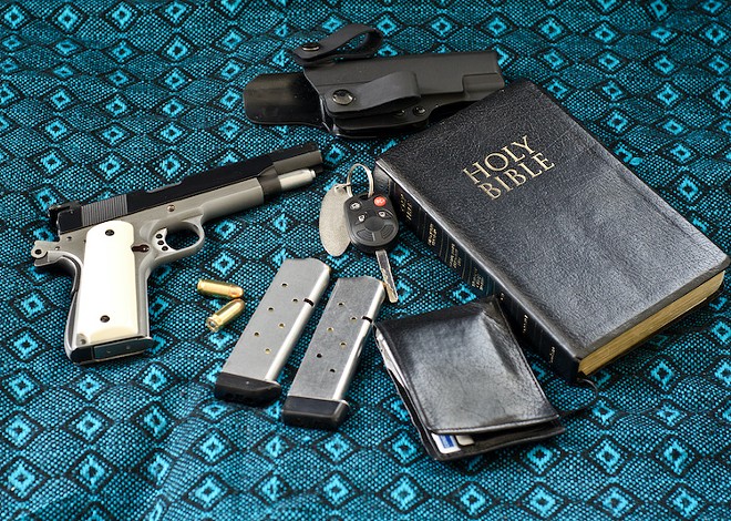 [pats pockets] Let's see: wallet, keys, 45-caliber semiautomatic pistol, extra clips, ankle holster, Good Book ... yep, ready for church - Adobe