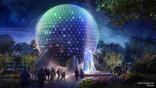 Spaceship Earth's Beacons of Magic projection show set to debut as part of WDW's 50th-anniversary celebration. The sparkling lights on the sphere are new lights that will be added to the building in the coming months. - Image via Disney