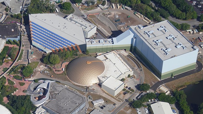 The Guardians of the Galaxy - Cosmic Rewind building at the top of the image. The large box will house most of the coaster with the hexagon-shaped building housing the queue and load/unload. The gold-domed Play Pavilion is in the middle and the Space pavilion, home to Space 220, can be seen in the lower left. - IMAGE VIA BIORECONSTRUCT | TWITTER