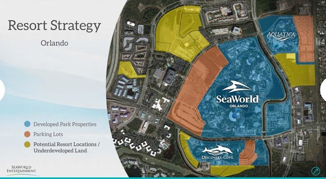 A slide from a 2015 investor presentation showing potential development sites on SeaWorld's Park Orlando resort.