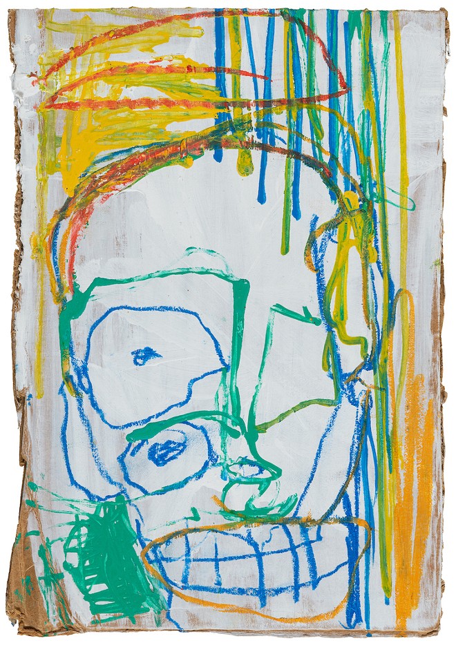 FROM "HEROES & MONSTERS": "UNTITLED (FACE WITH ORANGE HALO)," 1982. OIL STICK AND ACRYLIC PAINT ON CARDBOARD, 10 X 7 IN.  MJL FAMILY TRUST, LLC