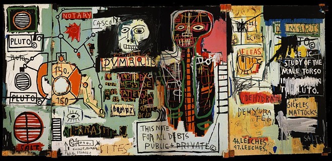"NOTARY," 1982. JEAN-MICHEL BASQUIAT.  ACRYCLIC, PENCIL, PAINT STICK, SILKSCREEN COLLAGE ON CANVAS.  © JEN-MICHEL BASQUIAT / ARTISTS RIGHTS SOCIETY (ARS), NEW YORK, PRIVATE COLLECTION.