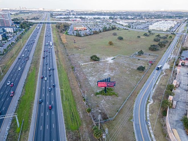 The 17-acre field where AREA15 will be located. The Marriott Vacation Club HQ in O-Town West can be seen on the far left. Daryl Carter Parkway near the top of the image will eventually have a full interchange with I-4. - Image via AREA15