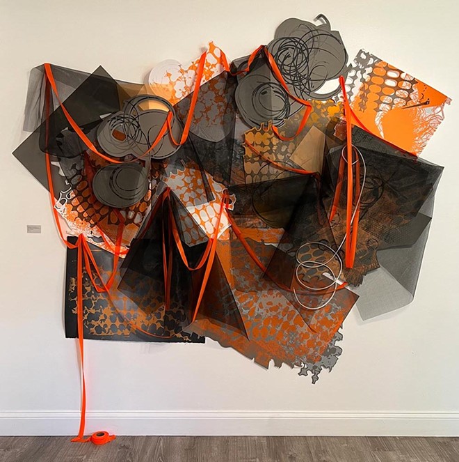 Materials and Their Impressions,’ wall collage with acrylic screenprints on paper, window screen, flagging tape and wire, dimensions variable, 2022 - art by Shannon Rae Lindsey