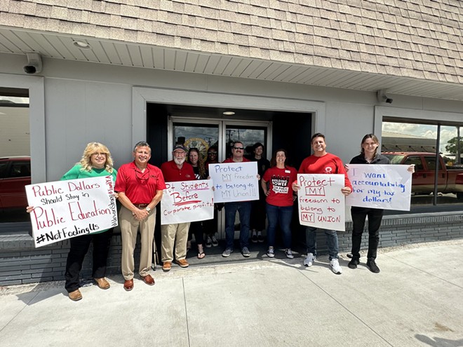 Florida union members rally outside of Rep. Sam Killebrew's office in Winter Haven in protest of anti-union bill on April 6, 2023. - CWA Local 3108