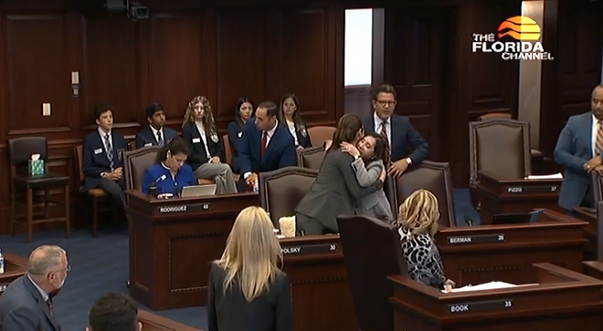 Florida Sen. Tina Polsky hugging Democratic colleague Sen. Lori Berman after a bill to decriminalize fentanyl testing equipment passes on March 29, 2023. - The Florida Channel