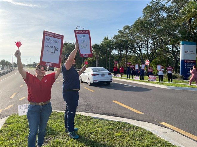 Nurses at HCA Florida Lake Monroe Hospital in Sanford rally for safe staffing as part of a national day of action with their union. - National Nurses United