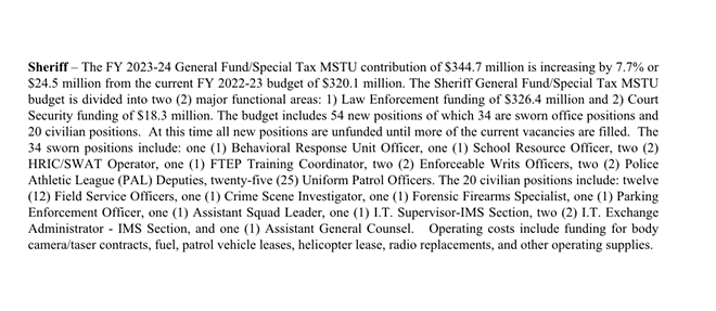 Screenshot of a description of operating expenses for the Orange County Sheriff's Office, detailed within the FY2024 budget proposal for Orange County, FL. - Orange County government