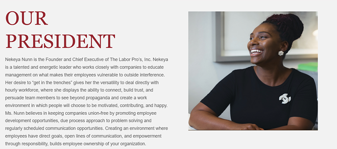 Screenshot of Labor Pros CEO Nekeya Nunn, taken from the consultancy firm's website on Aug. 4, 2023. - The Labor Pros