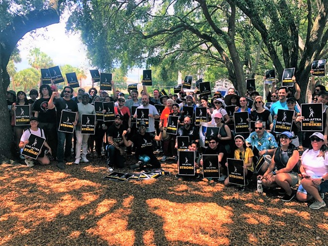 Union performers with SAG-AFTRA gather in Orlando for a rally in support of a fair contract for actors, stunt drivers, and other entertainment workers nationwide. Aug. 10, 2023. - McKenna Schueler