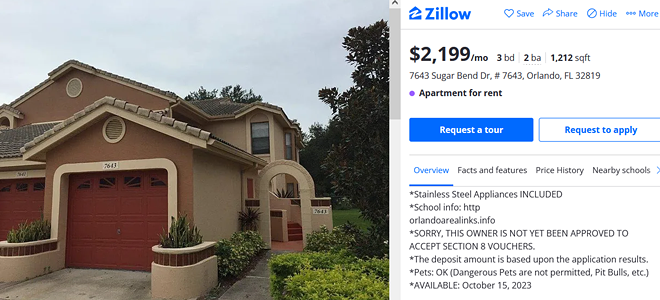 A rental on Zillow listed by Orlando Property and Realty Management. Screenshot taken Aug. 14, 2023. - Zillow