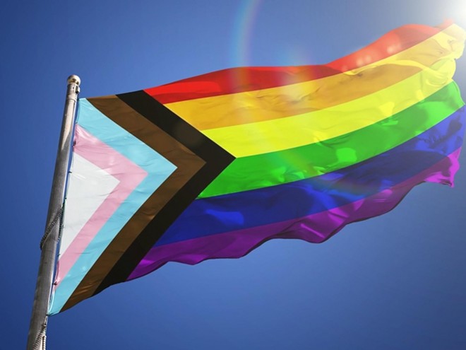 The Progress Pride Flag is inclusive of trans and nonbinary people and people of color, and indicates forward movement. - flag created by Daniel Quasar