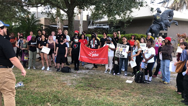 Students rally outside of a state university system meeting at UCF in protest of new regulations targeting activism on campuses. Nov. 9, 2023. - photo by McKenna Schueler