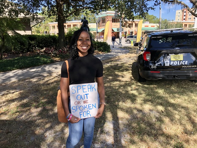 Grace Castelin, a student at UCF, rallies against new regulations proposed for university campuses. - photo by McKenna Schueler