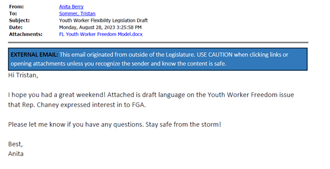 Lobbyist Anita Berry emailed a legislative aide for Rep. Chaney draft language for a bill (HB 49) that would roll back parts of Florida's child labor law. - Public records courtesy of More Perfect Union