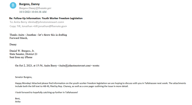 Email exchange between Sen. Danny Burgess and lobbyist Anita Berry. - Florida Senate via public records request