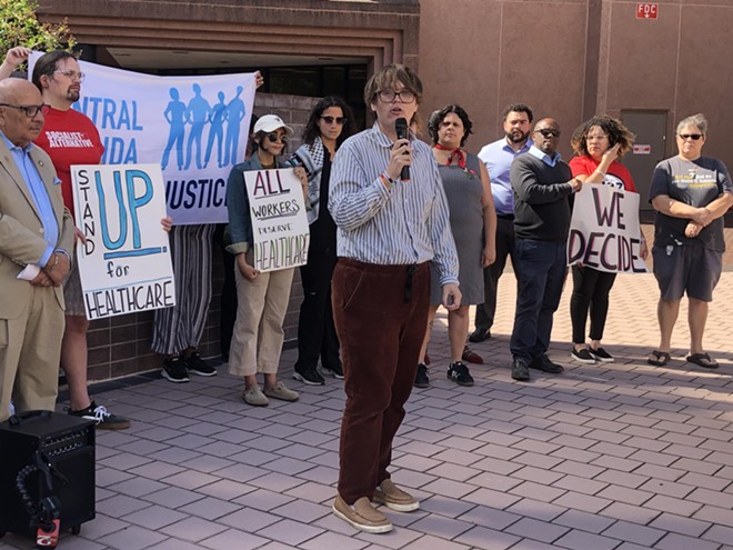 Matthew Grocholske, a student activist at Rollins College and organizer with the local chapter of the Sunrise Movement, speaks in support of Medicaid expansion (April 3, 2024) - photo by McKenna Schueler