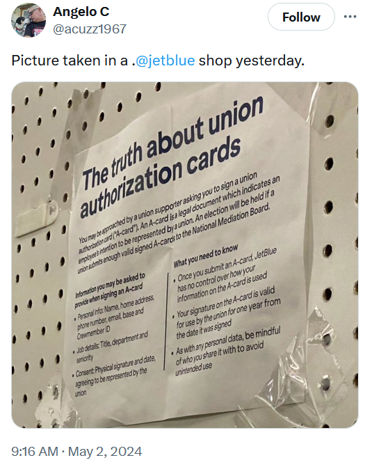 Screenshot of a tweet shared with an Orlando Weekly reporter depicting an anti-union flyer allegedly put up by JetBlue. - Twitter/X