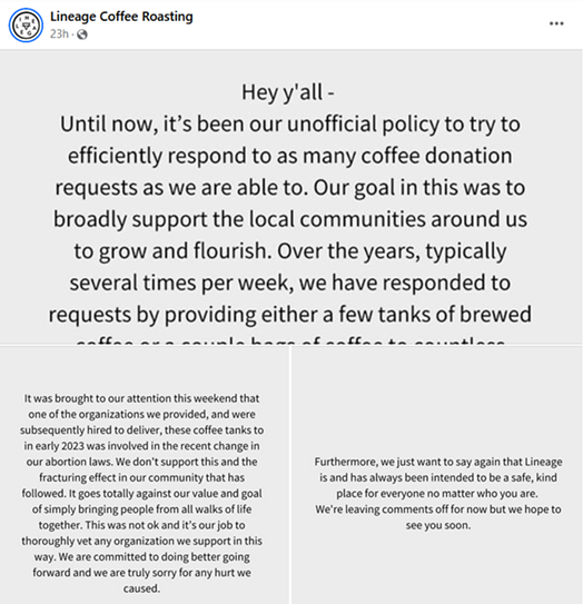Screenshot of Lineage Coffee statement on Facebook regarding their relationship to an anti-abortion nonprofit in Orlando. Posted May 13, 2024. - Facebook