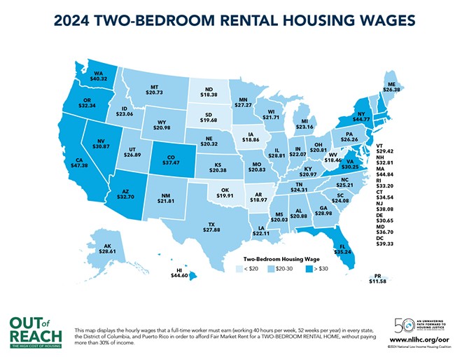 A map of the minimum wage you need to earn in each state to afford a two-bedroom rental at fair market rent without spending more 30% of your income on housing costs. - National Low Income Housing Coalition
