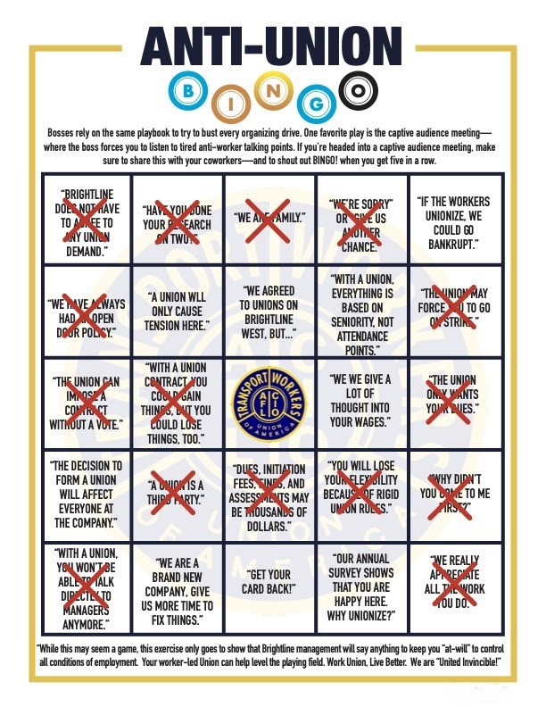 Anti-union bingo card sent to Brightline employees, in response to Brightline's anti-union email to employers earlier this month (August 2024) - Transport Workers Union